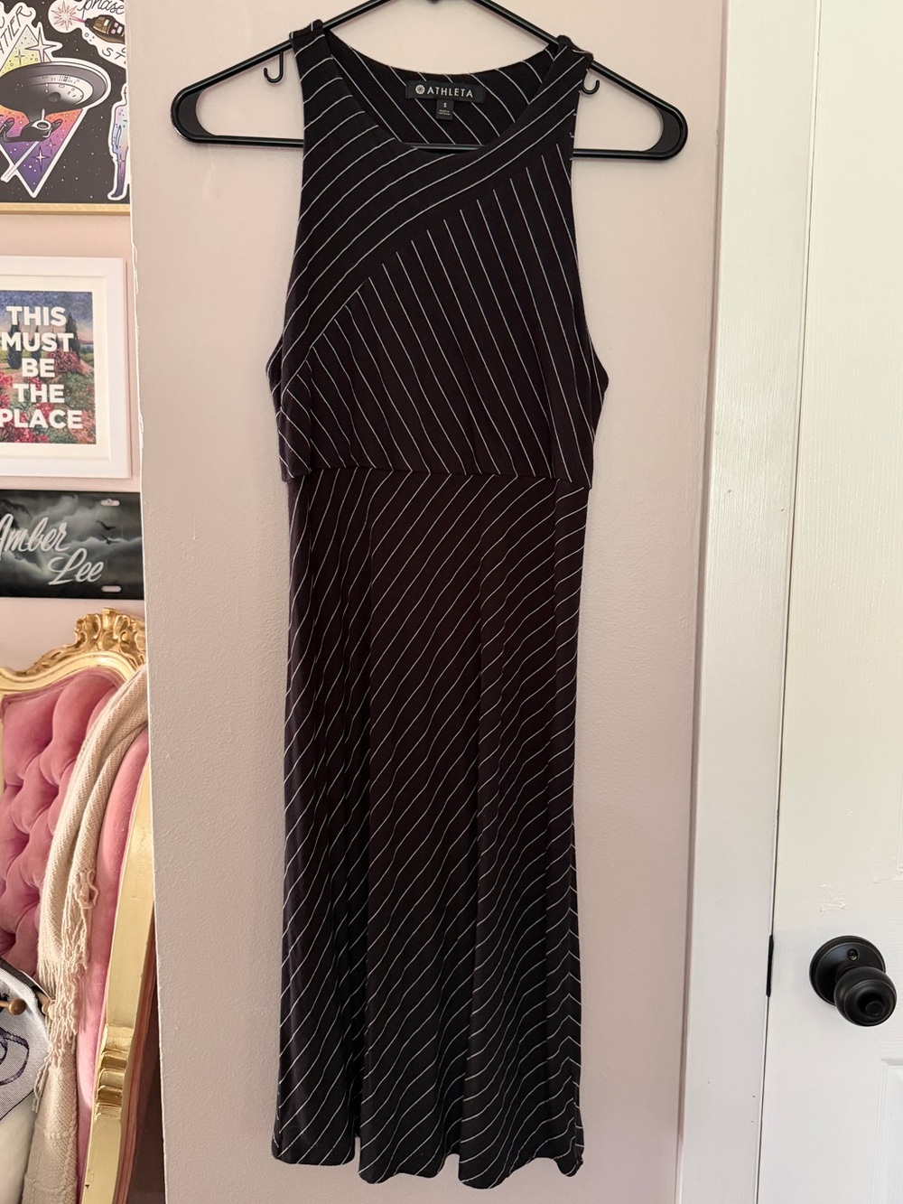 Athleta Black Maxi Dress with White Pinstripes